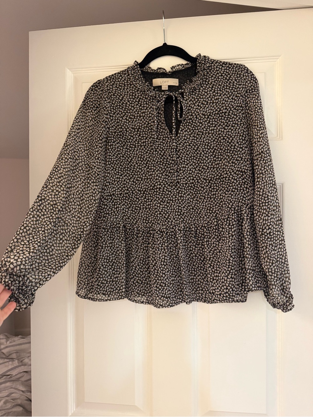 LOFT Black & White Dot-Print Tie-Neck Peplum Blouse